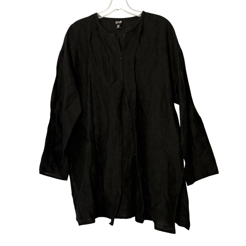 Eileen Fisher Linen Mandarin Collar Button Tunic Top Black Long Sleeve - Large